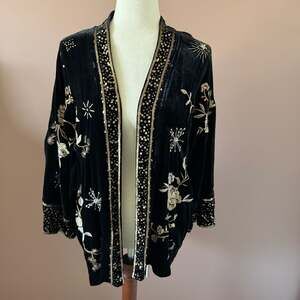 Johnny Was Ally Velvet Embroidered Kimono Jacket Celestial Gold Sun Moon
